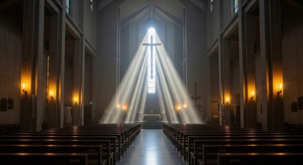 Sunbeams illuminating a sacred altar and pews inside a church