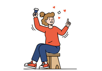 cheerful  woman celebrates with a coffee and phone radiating positivity Vibrant colors and playful design create an energetic and engaging image Perfect for social media and lifestyle content