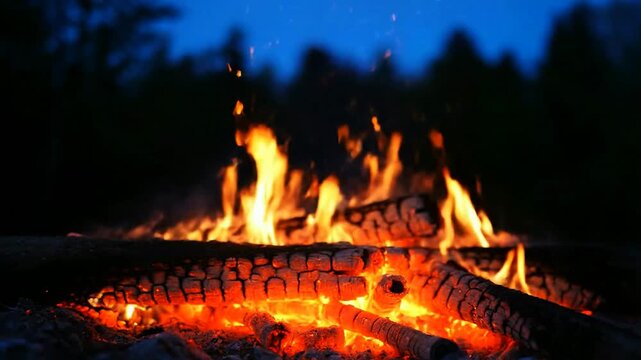 A cozy crackling campfire burns brightly at dusk with glowing embers and sparks rising into the evening air in relaxing slow motion.