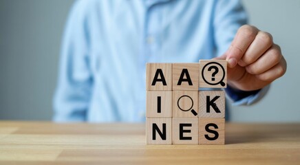 Problem Solving Challenge: A person thoughtfully arranges letter blocks, signifying a quest for answers and strategic problem-solving. The focus on inquiry and puzzle solving.