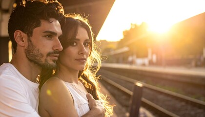 Couple at sunset train station