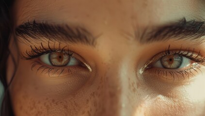 Fototapeta premium A beautiful woman gazes directly at the viewer, showcasing her thick eyebrows and enchanting, expressive eyes, illuminated by soft light Generative AI