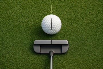 A close-up image of a golf ball positioned in front of a golf putter, resting on green grass. The ball has a black line on its surface indicating alignment for putting.