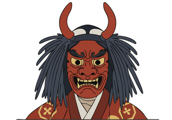 A striking Oni mask with flowing hair dominates the composition. Bold red and black colors create a dramatic, stylized illustration. ?Mask the Mystery? text adds intrigue.