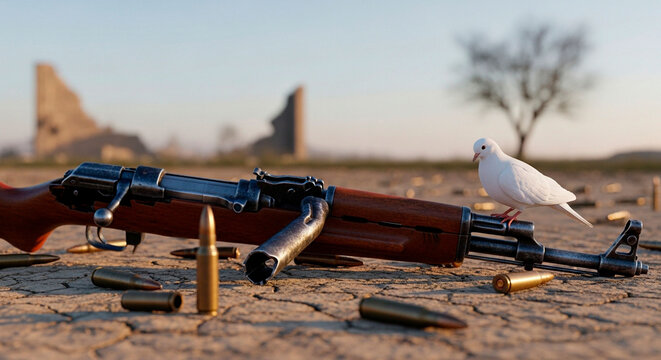  Close-up of a Broken Rifle on Post-Battle Ground, Symbolizing Peace