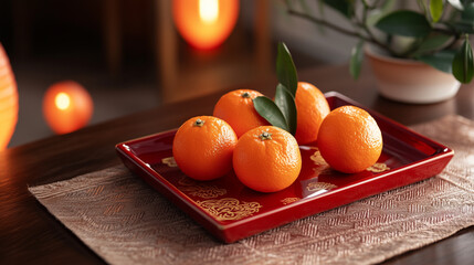 Fresh mandarins on red tray with festive warm background