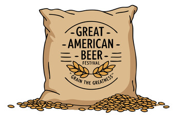 vintage-style illustration depicts a burlap sack overflowing with barley promoting the 'Great American Beer Festival'  Bold graphic design with a rustic feel Perfect for beer-related marketing