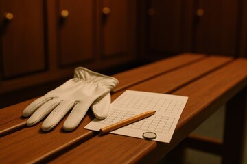 A white glove, a pencil, and a scorecard are placed on a wooden bench, with wooden lockers visible in the background.