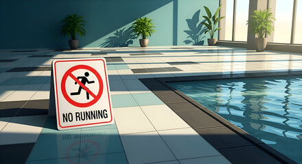 Prohibition Of Running Near A Swimming Pool With Signage And Warning Message