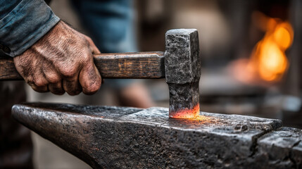 Blacksmith forging metal tool in rustic workshop with blurred wall for text