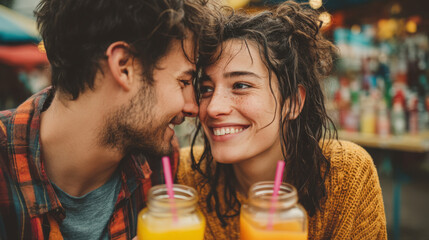Smiling young couple holding fruit smoothies in glass jars with blurred bottles behind
