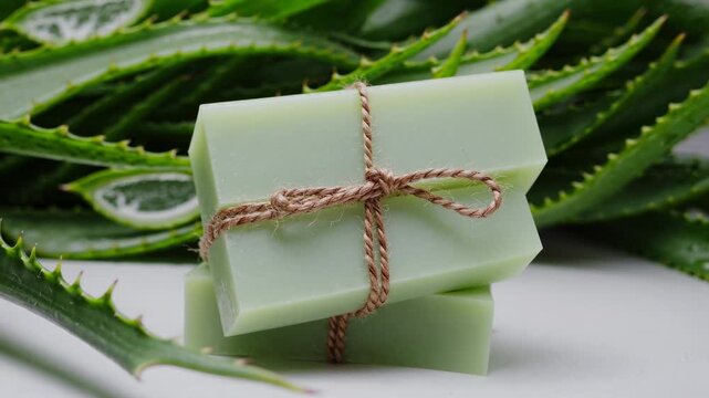 Aloe vera soap bars tied with twine, set against rich green aloe leaves, highlighting the connection between natural ingredients and skincare, emphasizing organic beauty