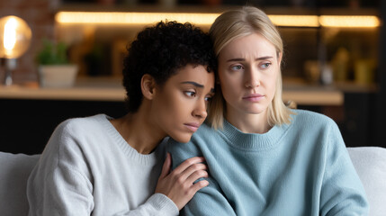 Fototapeta premium Friend comforting sad woman during difficult time with illness or cancer. Diverse friends showing compassion and support. Moment of empathy, hope and solidarity between close companions at home.