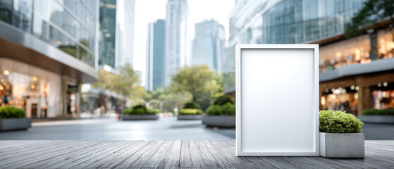 Open house sign in focus with blurred modern building exterior and space for text