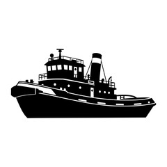 Obraz premium Black tugboat silhouette illustration isolated on white background suitable for nautical themed designs and maritime industry projects