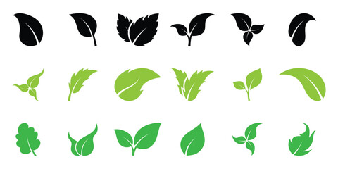 Leaf sprout icon vector set. Green leaves plant eco logo symbol simple graphic illustration set, vegan fresh herb pictogram shape sign, organic natural healthy logotype.