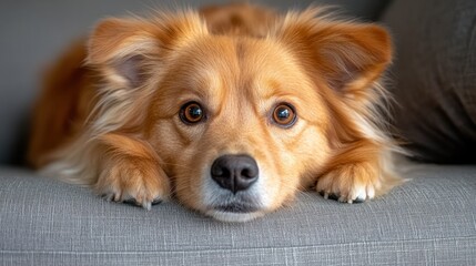 Golden dog resting on couch, direct gaze