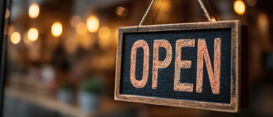 Open house sign in focus with blurred modern building exterior and blank space
