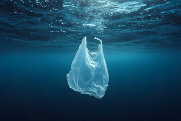 A plastic bag drifts underwater in the ocean, representing pollution and environmental damage. The clear blue water contrasts with the floating plastic, emphasizing the global issue of marine waste