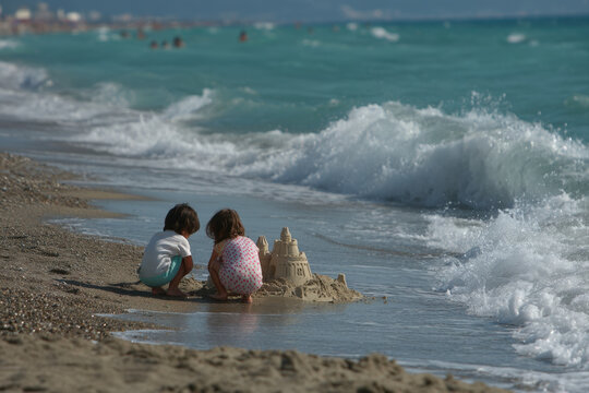 Children building a sandcastle near the shoreline on a sunny beach day