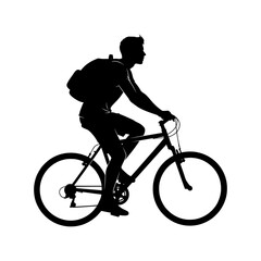 Obraz premium Man with backpack riding bicycle silhouette isolated on white background