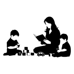 Mother reading book to children playing with blocks and toy car black silhouette vector graphic