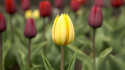 Vibrant yellow tulip in focus with blurred red tulips garden background