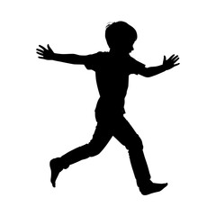 Silhouette of a boy joyfully running with arms outstretched against a white background