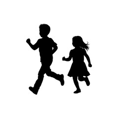 Silhouette of a boy and girl running playfully together against a white background