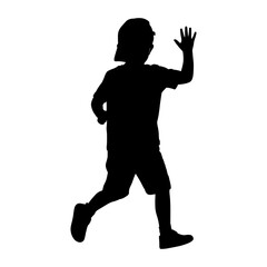 Silhouette of a boy running and waving, wearing a cap and shorts, isolated on white background