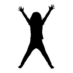 Silhouette of a girl joyfully jumping with arms raised high against a white background