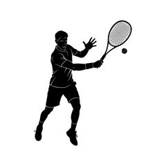 Tennis player silhouette serving a ball dynamic action pose isolated on white background