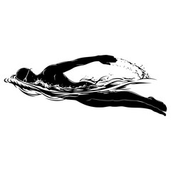 Swimmer silhouette in freestyle stroke dynamic black and white vector illustration isolated on white background