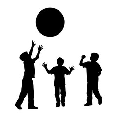 Three children playing with a large ball silhouette vector graphic illustration isolated on white background