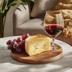 Cheese platter with grapes and red wine glass on wooden table with light center