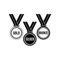 Three award medals set gold silver bronze silhouette icons isolated on white background