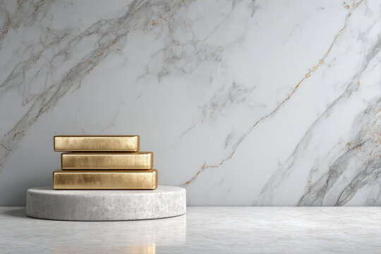 Stacked gold bars on marble surface with empty space for text overlay