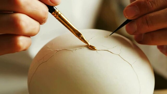 An artist carefully repairs a cracked egg with gold practicing the Japanese art of Kintsugi to celebrate imperfection and resilience.