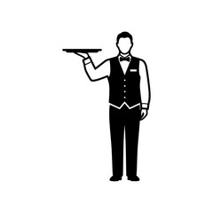 Waiter silhouette holding a tray, black and white server icon isolated on white background suitable for restaurant menus and hospitality design