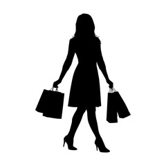 Woman silhouette walking with shopping bags fashion retail consumerism black and white