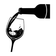 Wine bottle pouring into glass silhouette graphic design element isolated on white background perfect for restaurant menus or wine lists