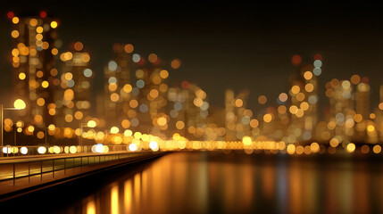 Golden glowing city lights with blurred bokeh circles on dark night background