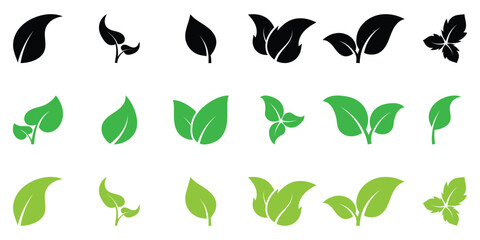 Black and green leaf icon set on white background. Vector isolated leaf icons. Nature leaf icon set. Green leaf icons set.