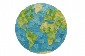 Hand crafted paper collage globe representing earth and world maps, showing global environment and connection concept