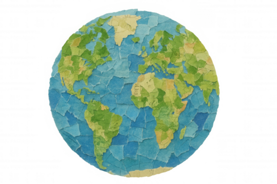Hand crafted paper collage globe representing earth and world maps, showing global environment and connection concept