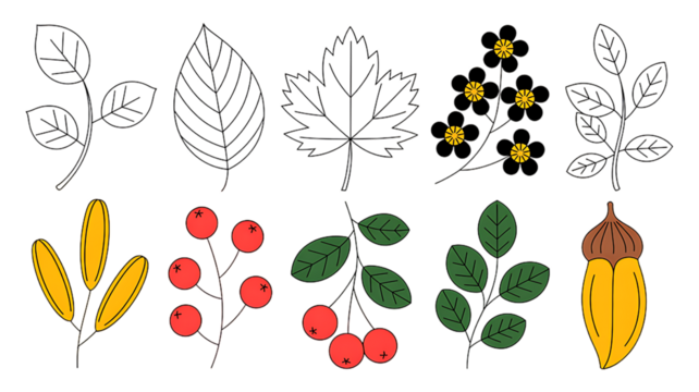 Colorful Hand Drawn Botanical and Fruit Illustration Set,Leaves, Flowers, Berries, and Summer Elements,Flat hand drawn vector illustration,seamless pattern with flowers,branch with leaves,Ai - Powered by Adobe