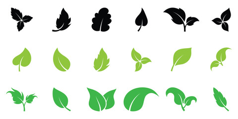 Black and green leaf icon set on white background. Vector isolated leaf icons. Nature leaf icon set. Green leaf icons set.