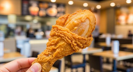 Close up of a hand holding a piece of fried chicken in restaurant
