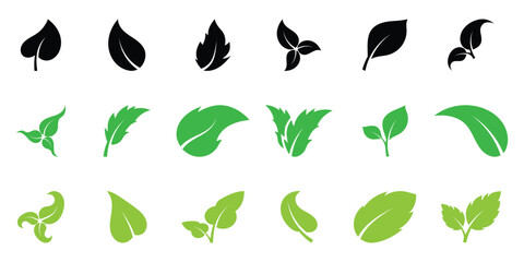 Black and green leaf icon set on white background. Vector isolated leaf icons. Nature leaf icon set. Green leaf icons set.