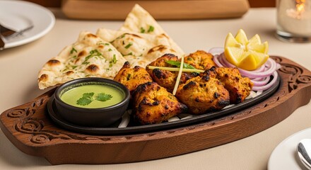 Chicken tikka with naan bread and mint chutney on a wooden platter